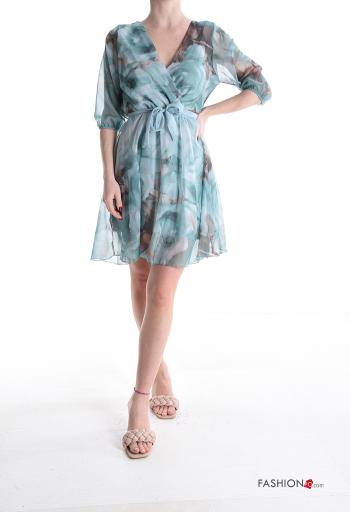 Abito chiffon corto Fantasia floreale maniche a tre quarti con elastico scollo a V con cintura in stoffa - ph 1