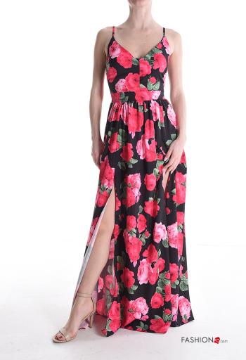 Vestido costas abertas longo sem mangas regulável Floral com fenda decote profundo