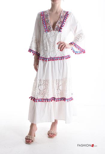Vestido em Algodão renda manga comprida Padrão bordado com folhos gola V