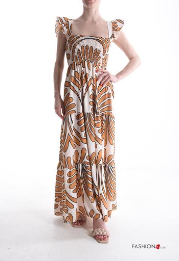 Vestido longo manga curta costas abertas Padrão abstrato com elástico