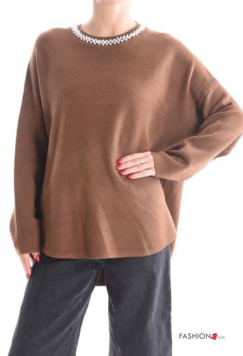lange ärmel u-boot ausschnitt Strickpullover mit Perlen