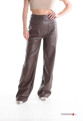 Pantalone lungo ecopelle vita alta con tasche con bottoni con zip