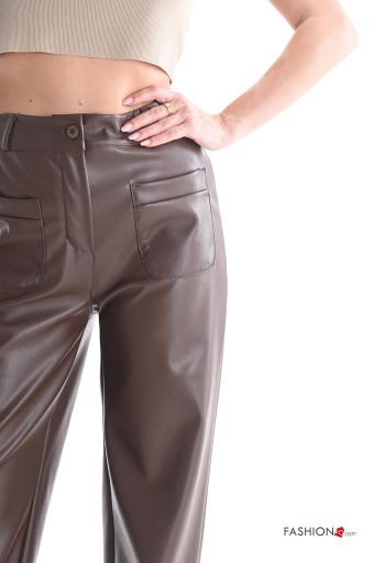 Pantalone lungo ecopelle vita alta con tasche con bottoni con zip - ph 4