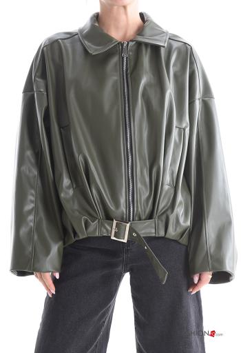with collar long sleeve with buckle faux leather Jacket with pockets with zip - ph 1