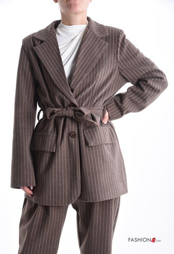 Striped long sleeve Coat with buttons with fabric belt