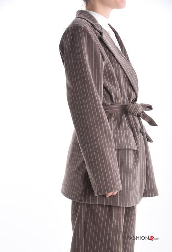 Striped long sleeve Coat with buttons with fabric belt - ph 3