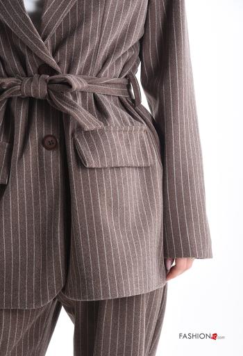 Striped long sleeve Coat with buttons with fabric belt - ph 4