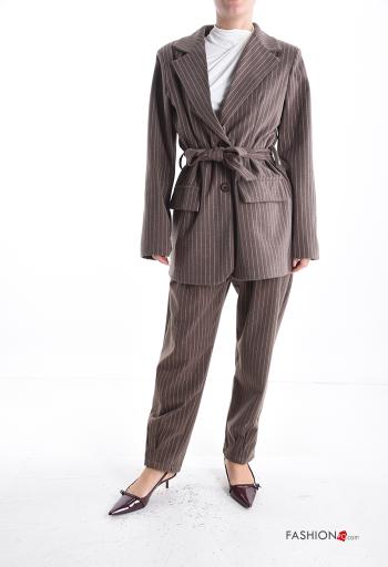 Striped long sleeve Coat with buttons with fabric belt - ph 5
