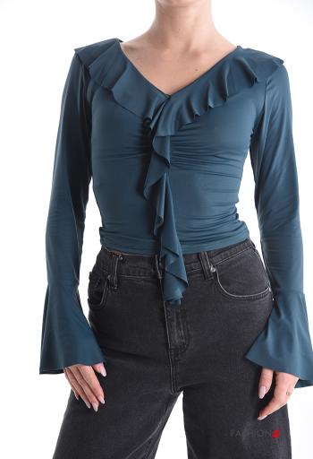 Blusa manga comprida com folhos gola V