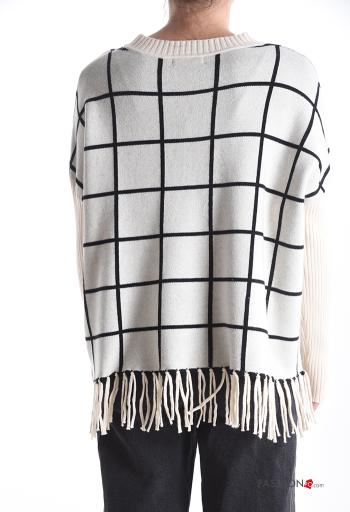 Vichy Muster lange ärmel u-boot ausschnitt Strickpullover mit Fransen - ph 2