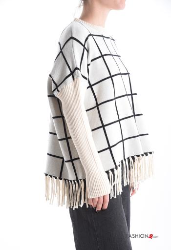 Vichy Muster lange ärmel u-boot ausschnitt Strickpullover mit Fransen - ph 3