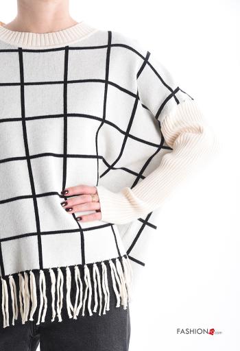 Vichy Muster lange ärmel u-boot ausschnitt Strickpullover mit Fransen - ph 4