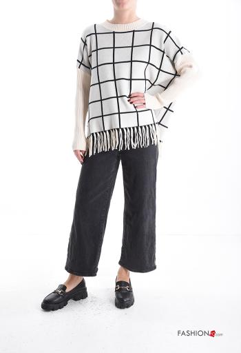 Vichy Muster lange ärmel u-boot ausschnitt Strickpullover mit Fransen - ph 5