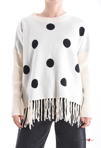 gepunktet lange ärmel u-boot ausschnitt Strickpullover mit Fransen