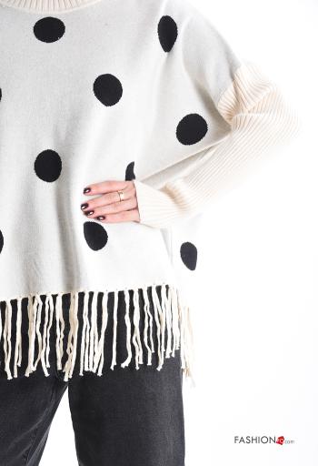 gepunktet lange ärmel u-boot ausschnitt Strickpullover mit Fransen - ph 4