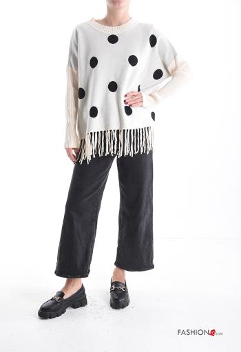 gepunktet lange ärmel u-boot ausschnitt Strickpullover mit Fransen - ph 5