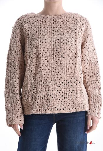 Camisola croché manga comprida gola redonda Padrão bordado