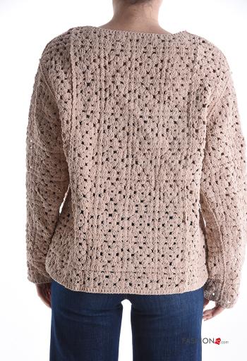 Camisola croché manga comprida gola redonda Padrão bordado - ph 2