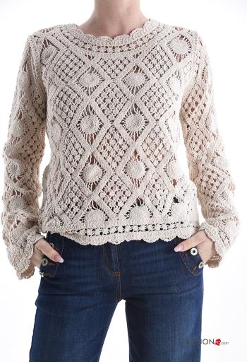 Besticktes Muster lange ärmel u-boot ausschnitt häckeln Strickpullover - ph 1