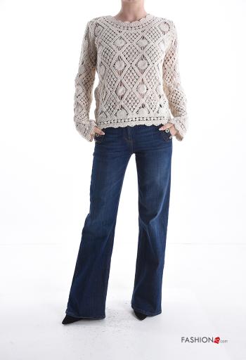 Besticktes Muster lange ärmel u-boot ausschnitt häckeln Strickpullover - ph 5