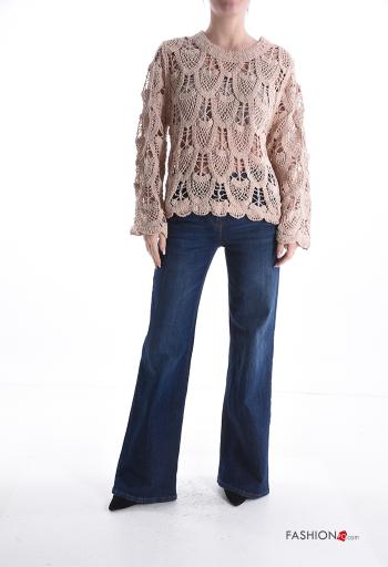 Besticktes Muster lange ärmel u-boot ausschnitt häckeln Strickpullover - ph 5