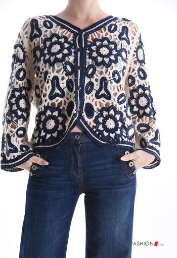 Camisola manga comprida croché Padrão bordado com botões gola V - ph 1