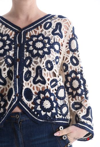 Camisola manga comprida croché Padrão bordado com botões gola V - ph 4