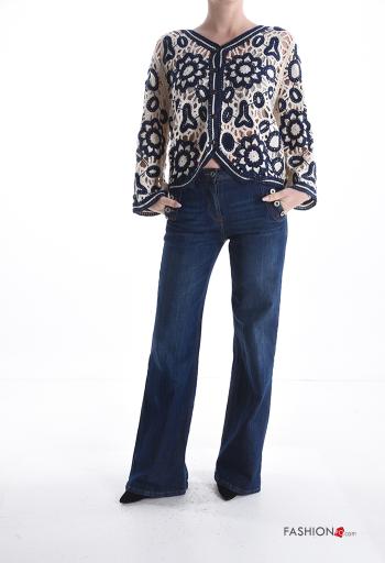 Camisola manga comprida croché Padrão bordado com botões gola V - ph 5