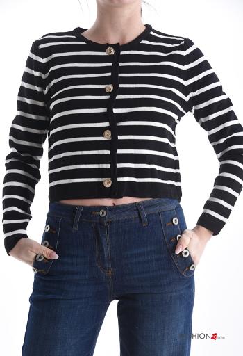 Chaqueta de punto manga larga cuello redondo a rayas con botones