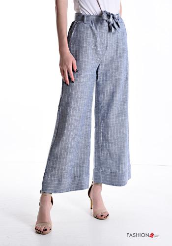 Pantalon en Lin wide leg Imprimé à rayures avec élastique avec ceinture écharpe - ph 1