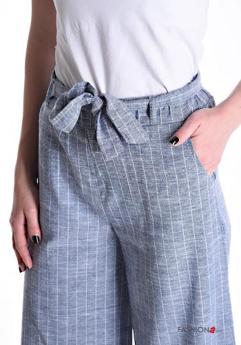 Pantalon en Lin wide leg Imprimé à rayures avec élastique avec ceinture écharpe - ph 4