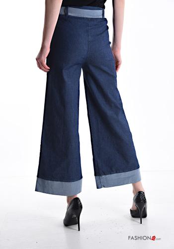 denim wide leg Cotton Trousers with fabric belt with elastic with pockets - ph 2