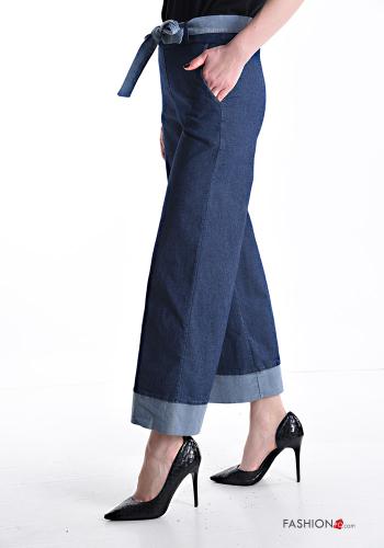 denim wide leg Cotton Trousers with fabric belt with elastic with pockets - ph 3