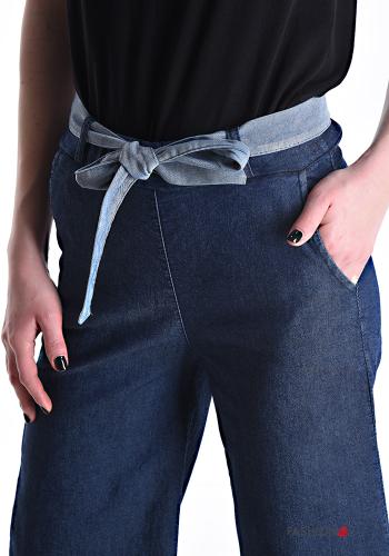denim wide leg Cotton Trousers with fabric belt with elastic with pockets - ph 4