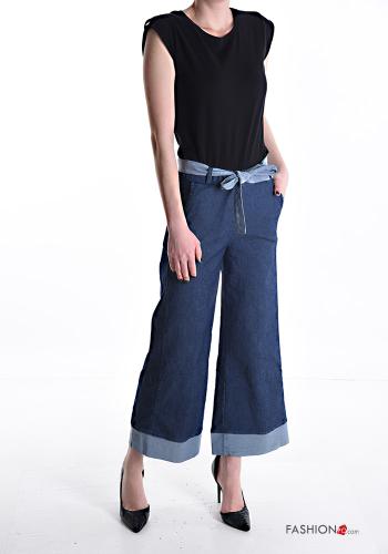 denim wide leg Cotton Trousers with fabric belt with elastic with pockets - ph 5