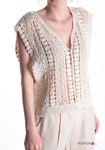 Embroidered sleeveless Cotton Top with v-neck plunging neckline