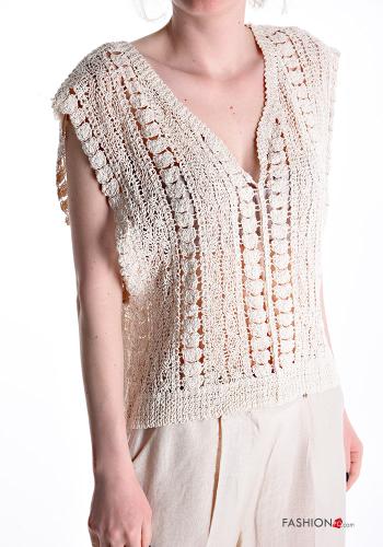 Embroidered sleeveless Cotton Top with v-neck plunging neckline - ph 1