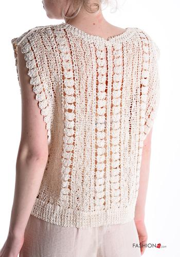 Embroidered sleeveless Cotton Top with v-neck plunging neckline - ph 2