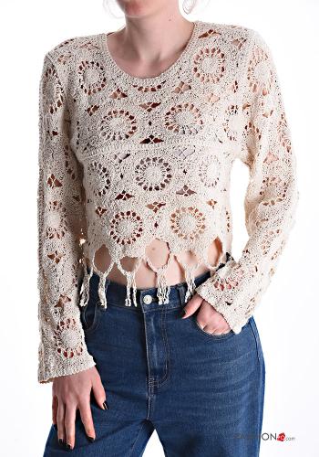Embroidered long sleeve mini Cotton Cover up with fringe