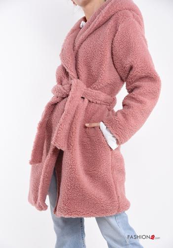 Cappotto Teddy Bear pelliccia sintetica con tasche con cintura con cappuccio - ph 1