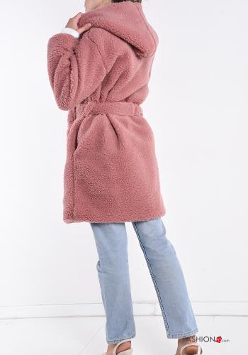 Cappotto Teddy Bear pelliccia sintetica con tasche con cintura con cappuccio - ph 2