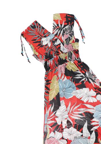 Blumenmuster lange Ärmelloses Kleid mit V-Ausschnitt