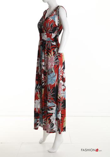 Blumenmuster lange Ärmelloses Kleid mit V-Ausschnitt - ph 4