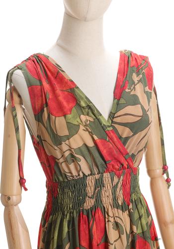Blumenmuster lange Ärmelloses Kleid mit V-Ausschnitt - ph 5