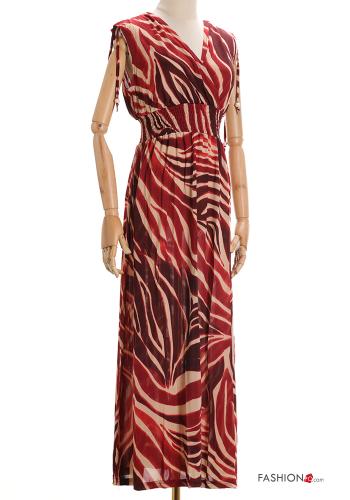 Animal print long Sleeveless Dress with v-neck with elastic