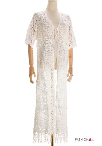 Besticktes Muster Strandkleid aus Baumwolle mit Schleife 3/4 ärmel mit Fransen - ph 5