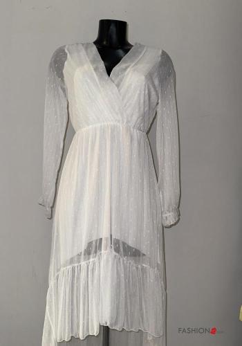 long sleeve asymmetrical Dress with flounces with v-neck