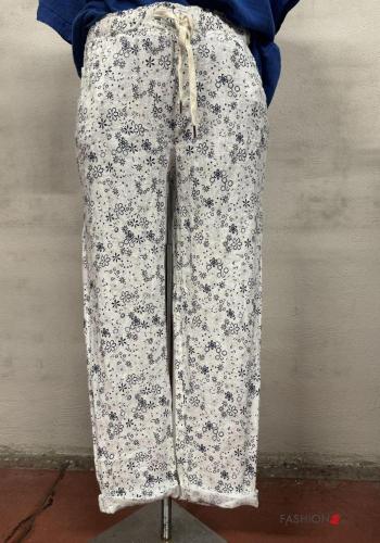Pantalone in Lino Fantasia floreale con elastico con tasche con coulisse