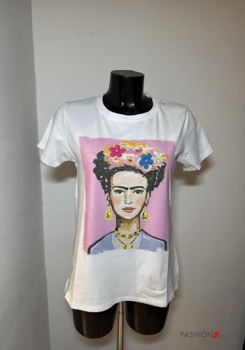 Creative print Cotton T-shirt with rhinestones