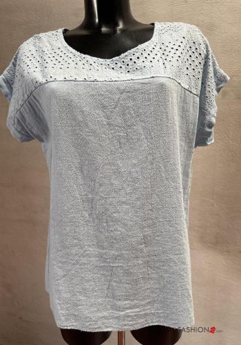 T-shirt in Lino maniche corte girocollo Fantasia ricamata - ph 1
